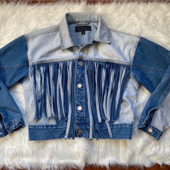 BLANKNYC Bonnaroo Blue Denim Two Tone Fringe Western Jean Jacket Size S - Picture 6 of 16